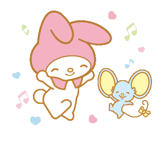 a gif of my melody and flat the mouse dancing around, with music notes and hearts around them.