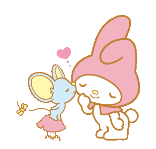 a gif of flat the mouse standing atop a mushroom giving my melody a kiss on the cheek.