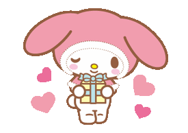 a gif of my melody presenting the viewer a gift box, with hearts surrounding her sides.