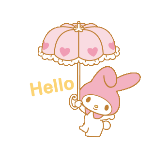 a gif of my melody floating downwards, holding an umbrella, saying hello.